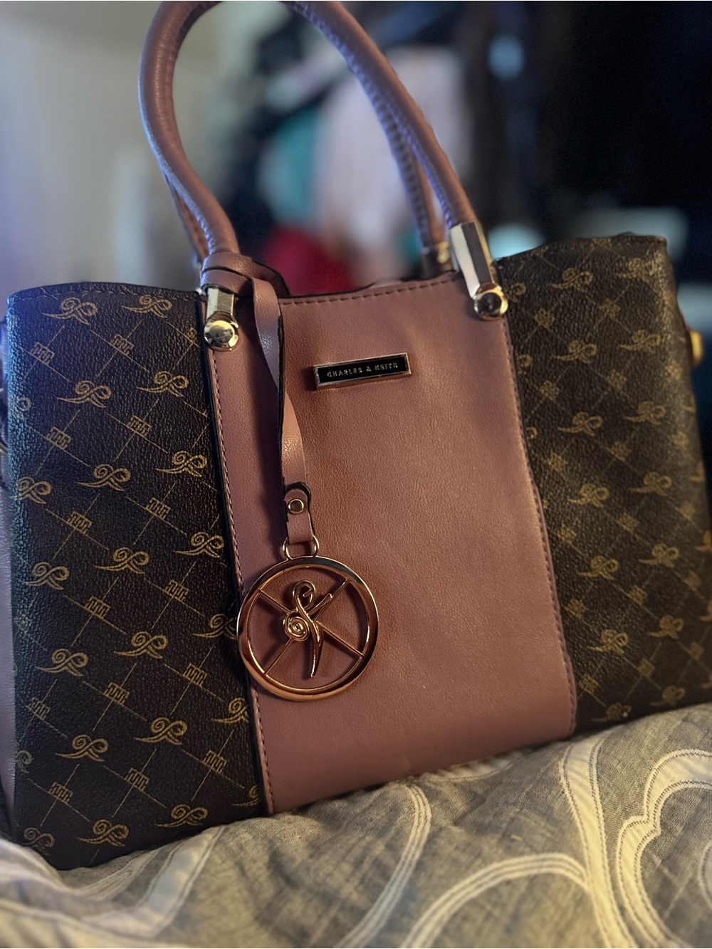 Charles & Keith Mauve and Brown Logo Satchel